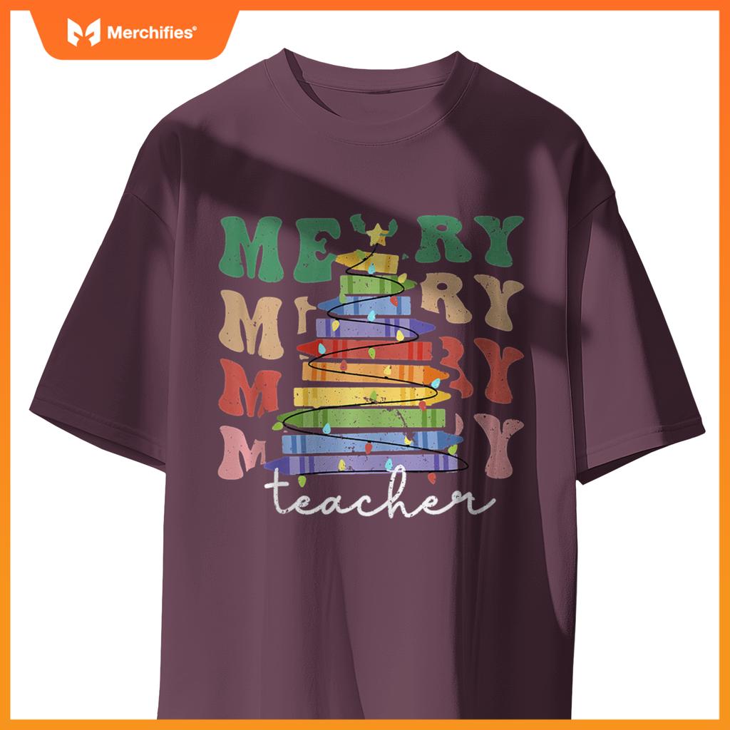 Merry Teacher Christmas Tree Lights Pencils School Xmas