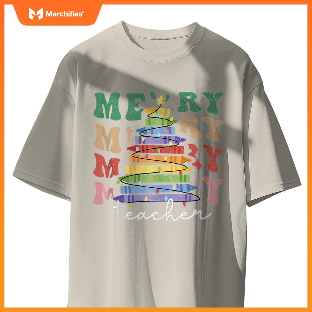 Merry Teacher Christmas Tree Lights Pencils School Xmas