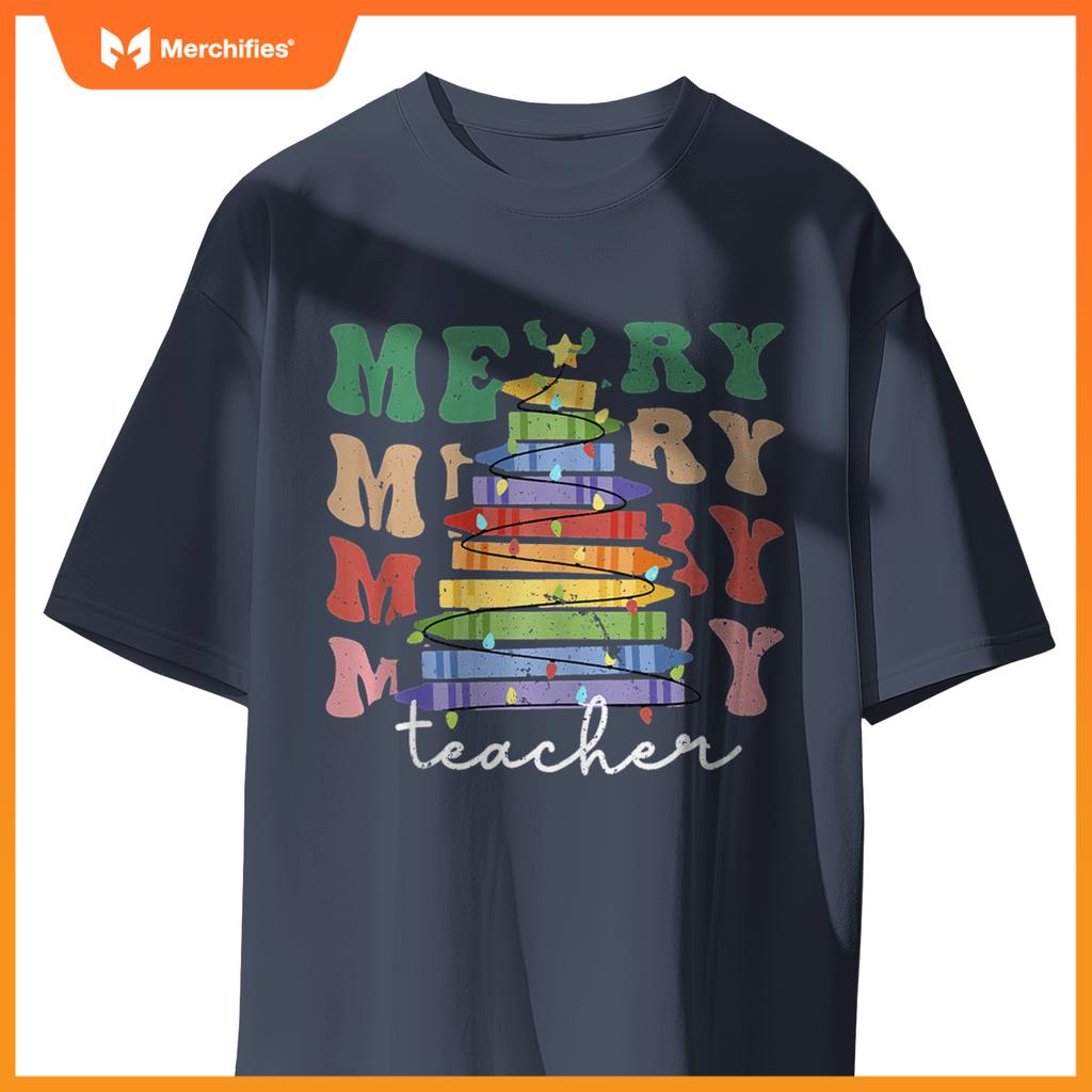 Merry Teacher Christmas Tree Lights Pencils School Xmas