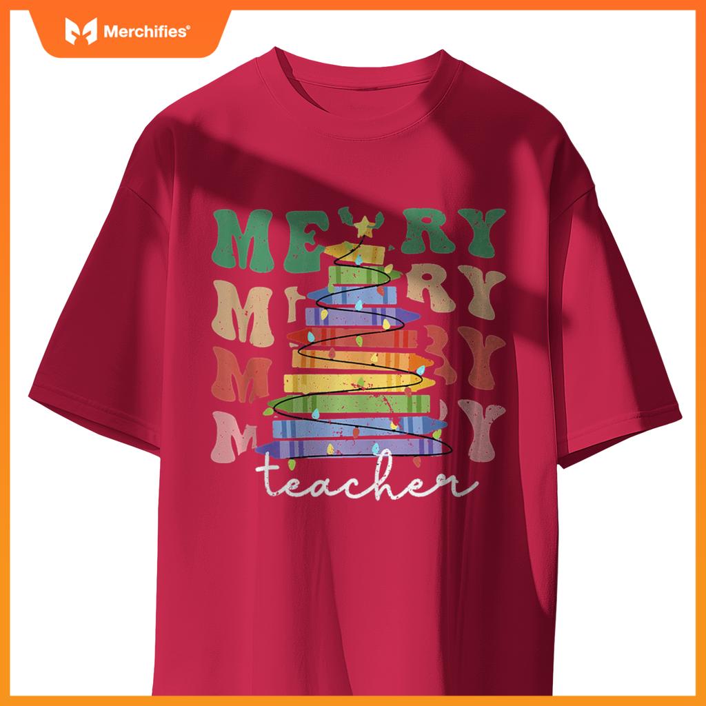 Merry Teacher Christmas Tree Lights Pencils School Xmas
