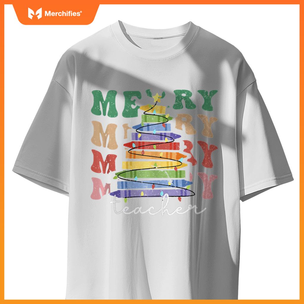 Merry Teacher Christmas Tree Lights Pencils School Xmas