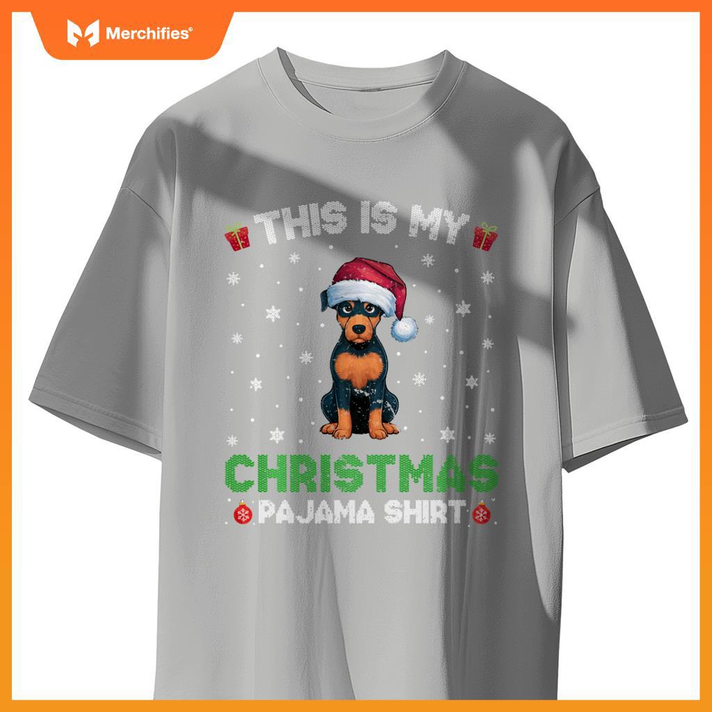 Miniature Pinscher Dog Wearing Santa Hat Christmas Pajama T-Shirt