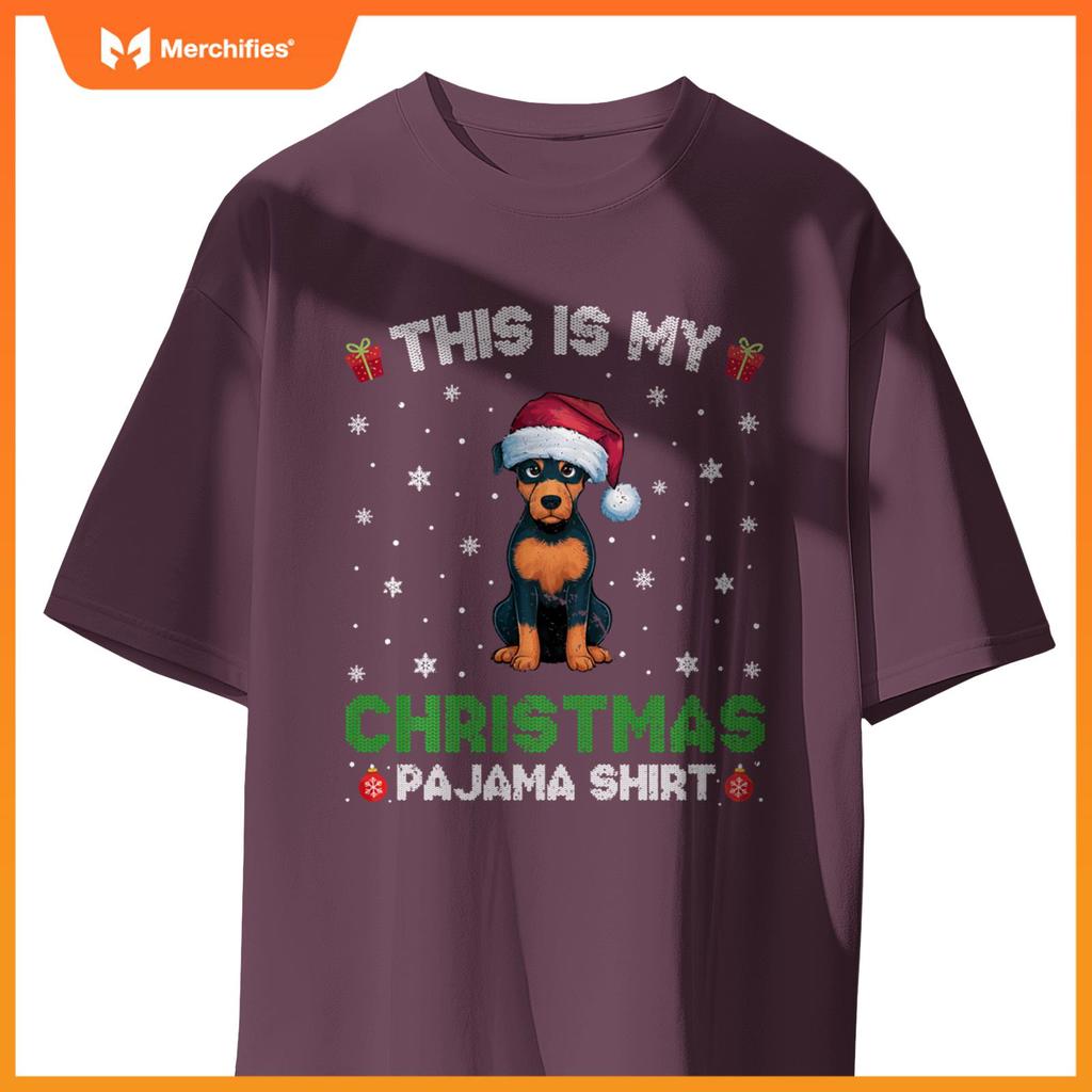 Miniature Pinscher Dog Wearing Santa Hat Christmas Pajama T-Shirt