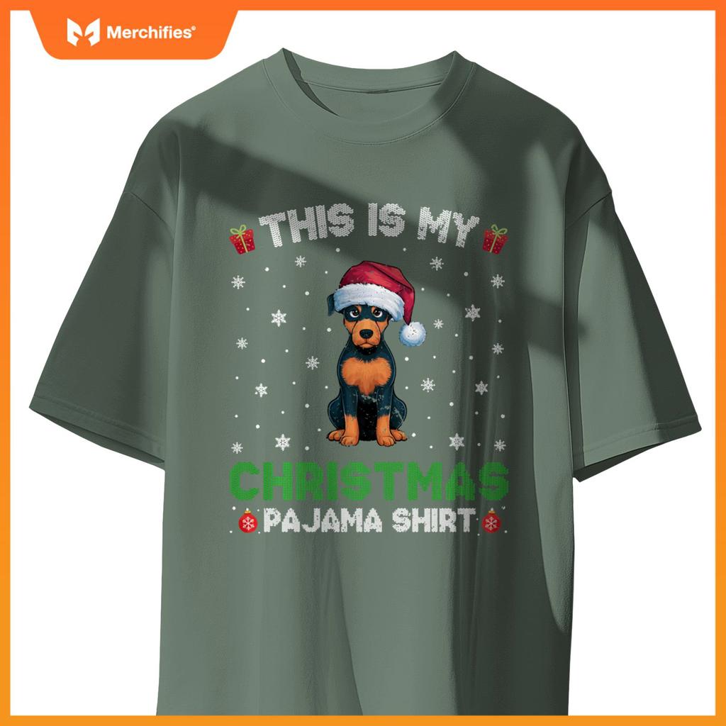 Miniature Pinscher Dog Wearing Santa Hat Christmas Pajama T-Shirt