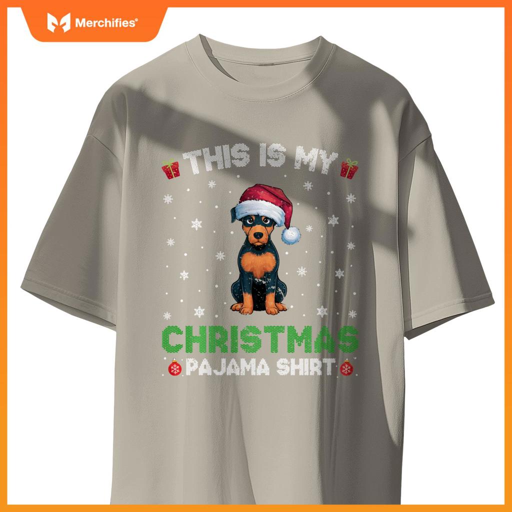 Miniature Pinscher Dog Wearing Santa Hat Christmas Pajama T-Shirt