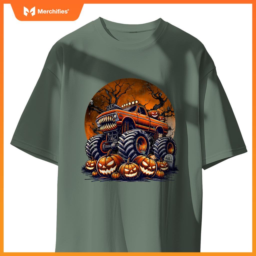 Monster Truck Halloween Jack O Lantern Moon Pumpkin Toddler T-Shirt