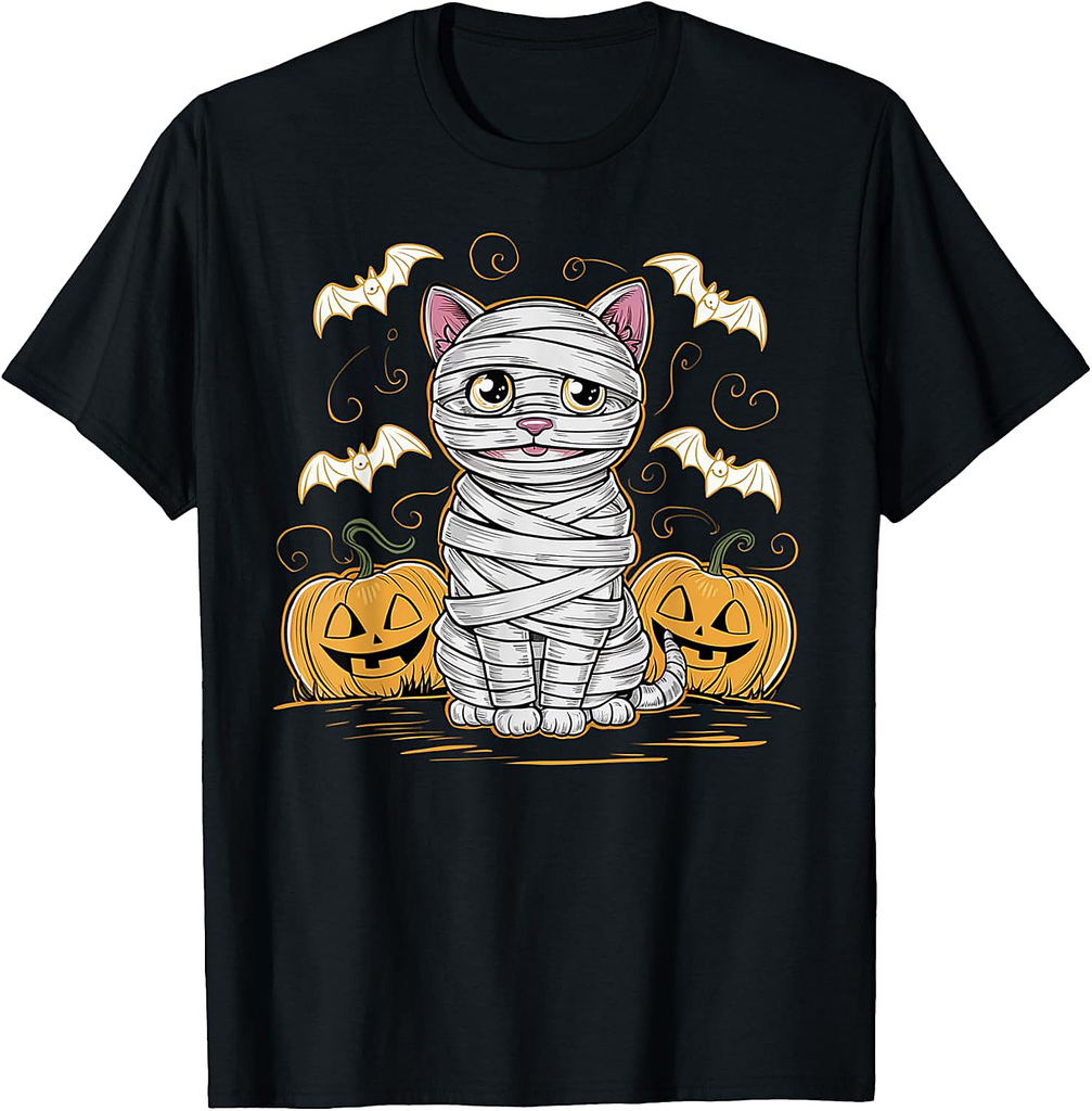 Mummy Cat Baby Halloween Spooky Kitten Pumpkins And Bats T-Shirt
