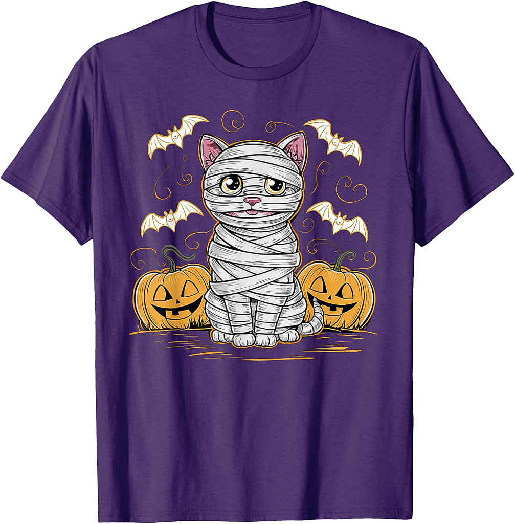 Mummy Cat Baby Halloween Spooky Kitten Pumpkins And Bats T-Shirt