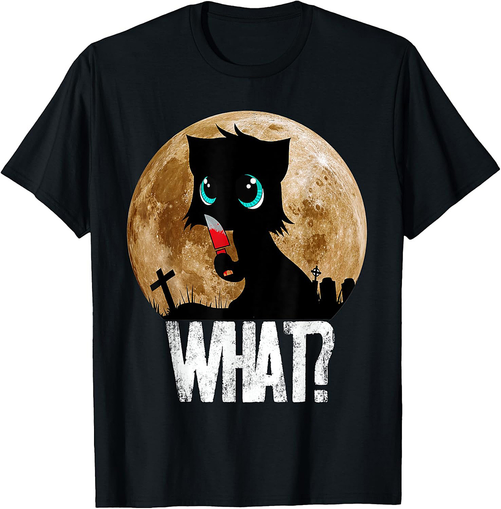Murderous Black Cat What With Knife Full Moon Halloween Tee Men Women T-Shirt