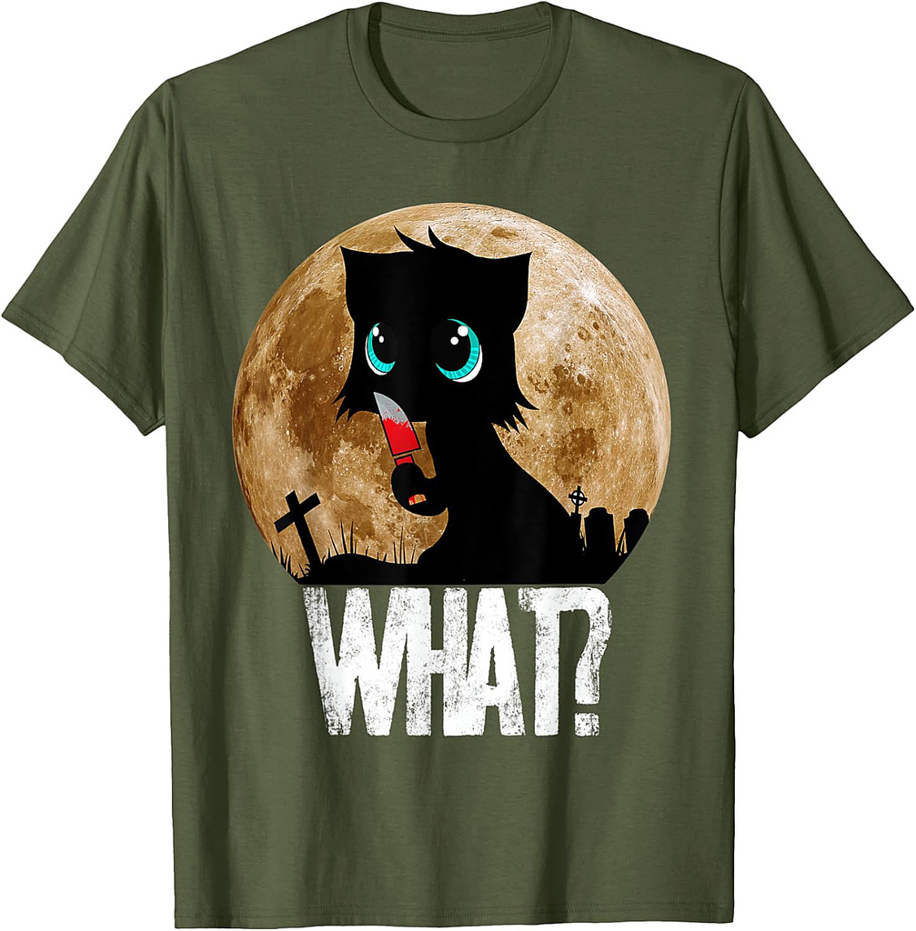 Murderous Black Cat What With Knife Full Moon Halloween Tee Men Women T-Shirt