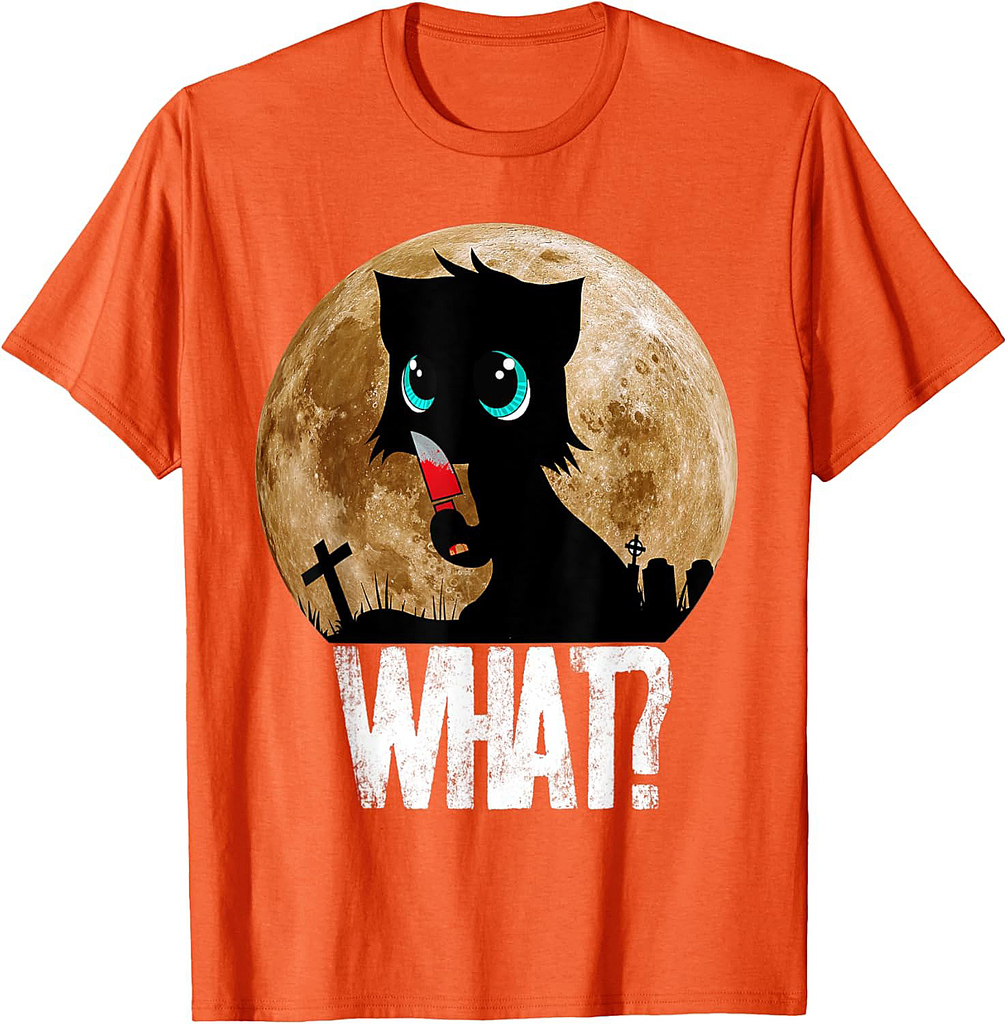 Murderous Black Cat What With Knife Full Moon Halloween Tee Men Women T-Shirt