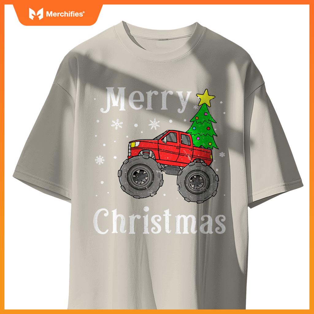 Kids Boys Monster Truck Merry Christmas Tree Snowflakes T-Shirt
