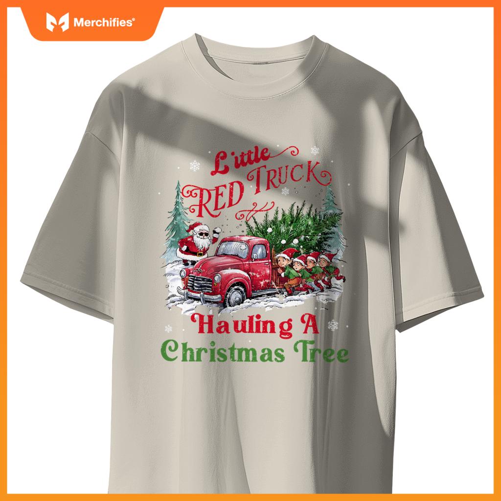 Little Red Truck Hauling A Christmas Tree Xmas Trendy T-Shirt