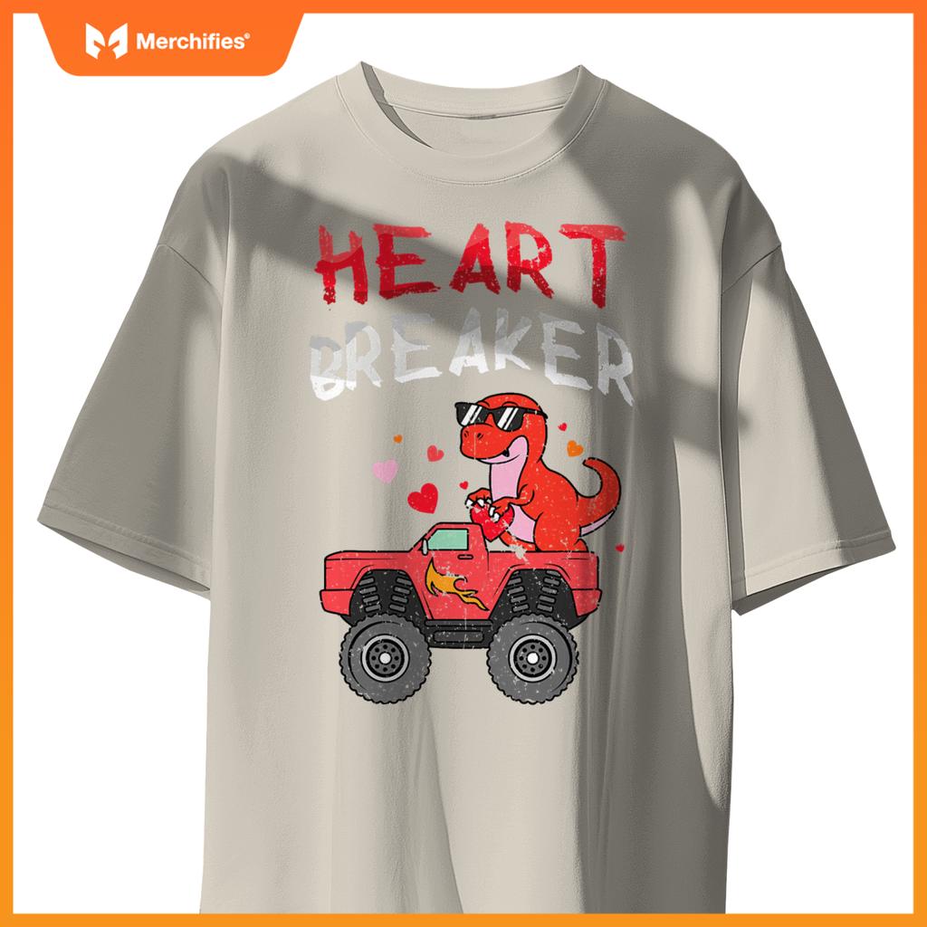 Kids Dinosaur Monster Truck Break Hearts Happy Valentines T-Shirt