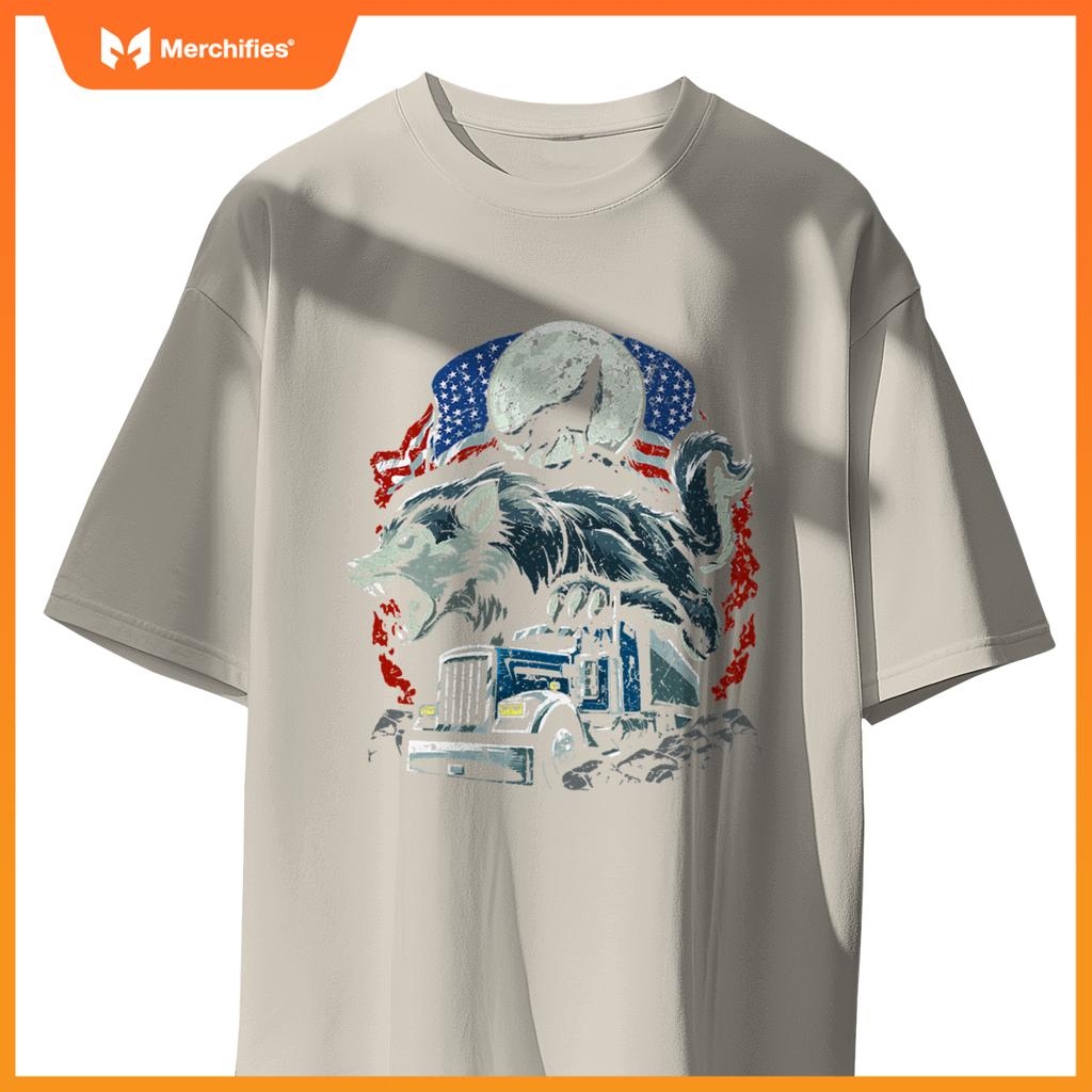 Mens Usa Flag Truck Howling Wolf American Patriotic Trucker T-Shirt