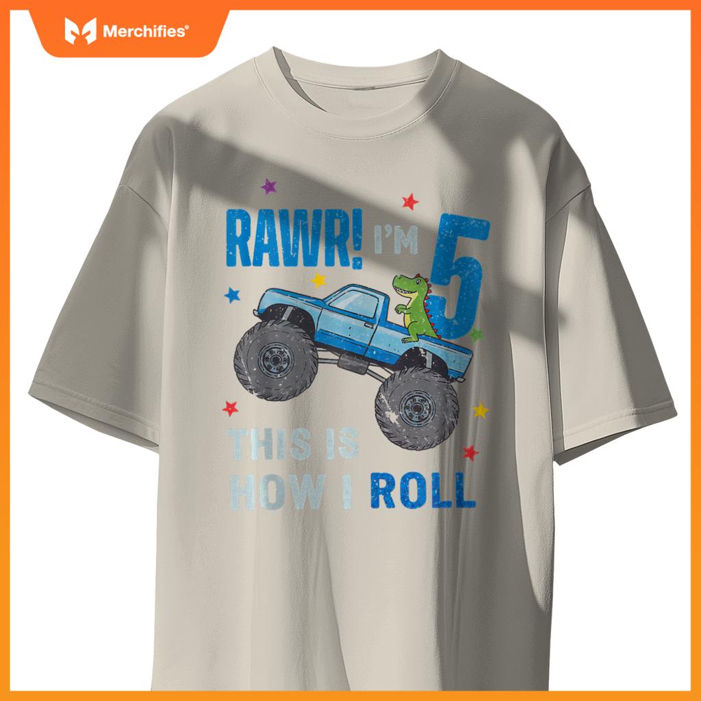 Monster Truck 5 Year Old 5th Birthday Party Trex Dinosaur T-Shirt