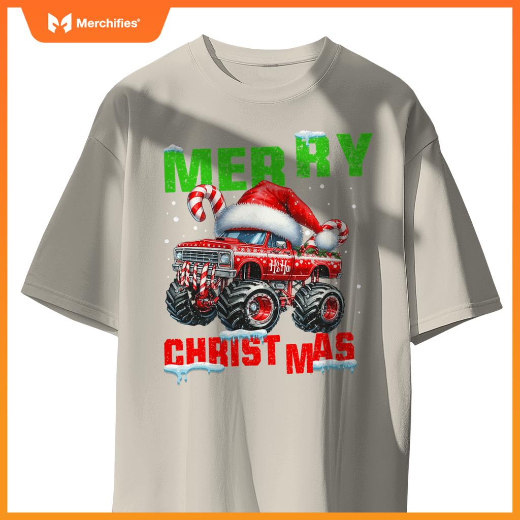 Merry Christmas Monster Truck Xmas Santa Hat Boys Kids T-Shirt