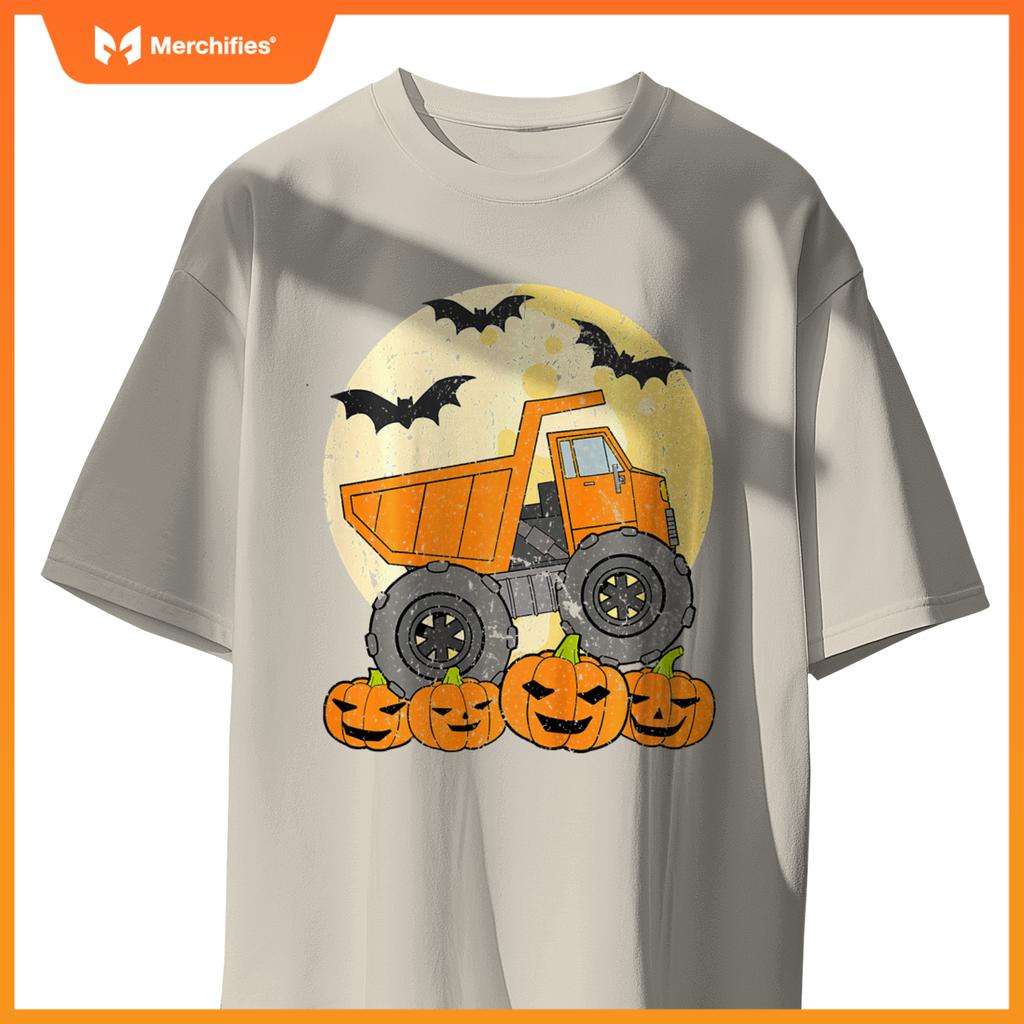 Kids Construction Monster Truck Halloween Pumpkins Toddler Boys T-Shirt