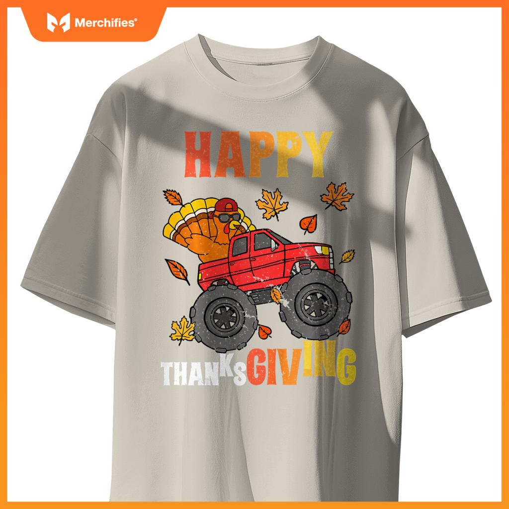 Kids Monster Truck Turkey Happy Thanksgiving Boys Girls T-Shirt