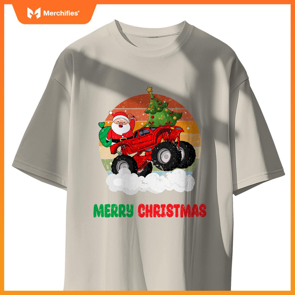 Kids Merry Xmas Santa Monster Truck Christmas Tree Light T-Shirt