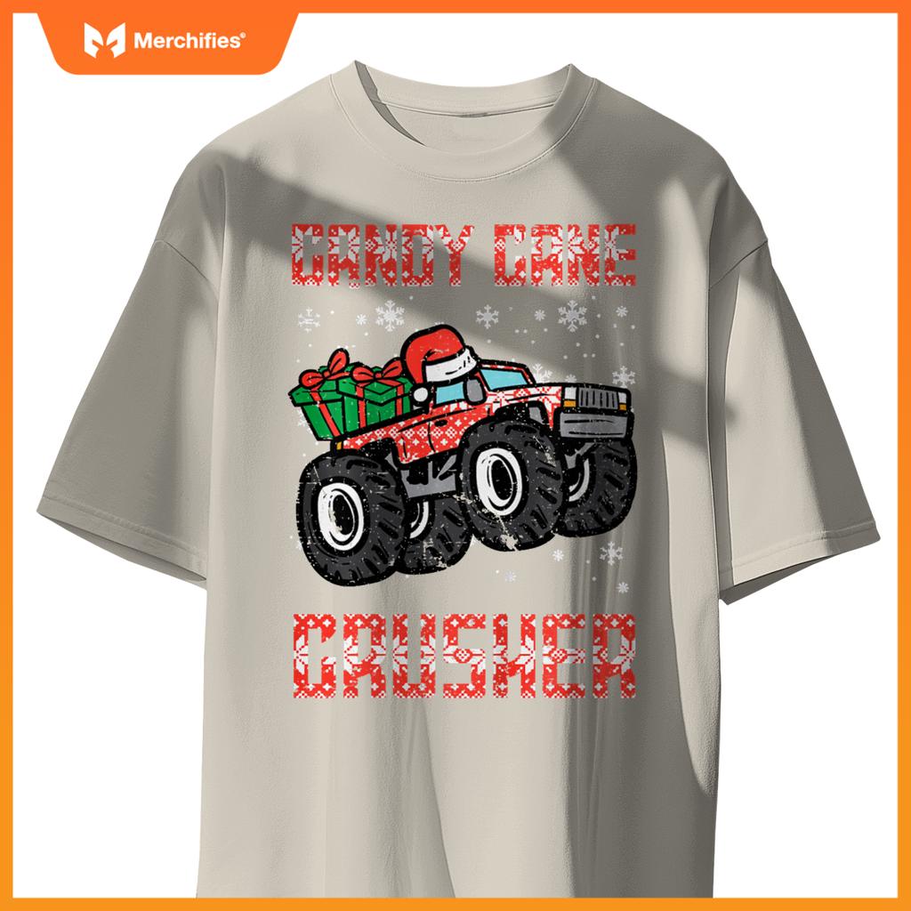 Kids Christmas Candy Cane Crusher Xmas Monster Truck Toddler Boys T-Shirt