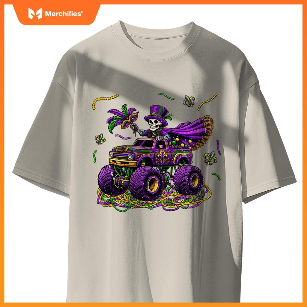 Mardi Gras Monstser Truck Skeleton Beads Mask Carnival T-Shirt