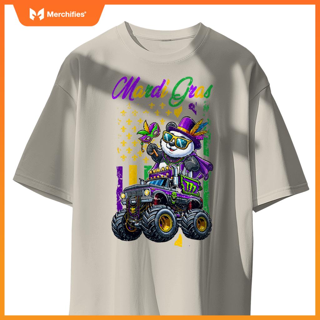 Mardi Gras Panda Sunglasses On Monster Truck Beads Masked T-Shirt