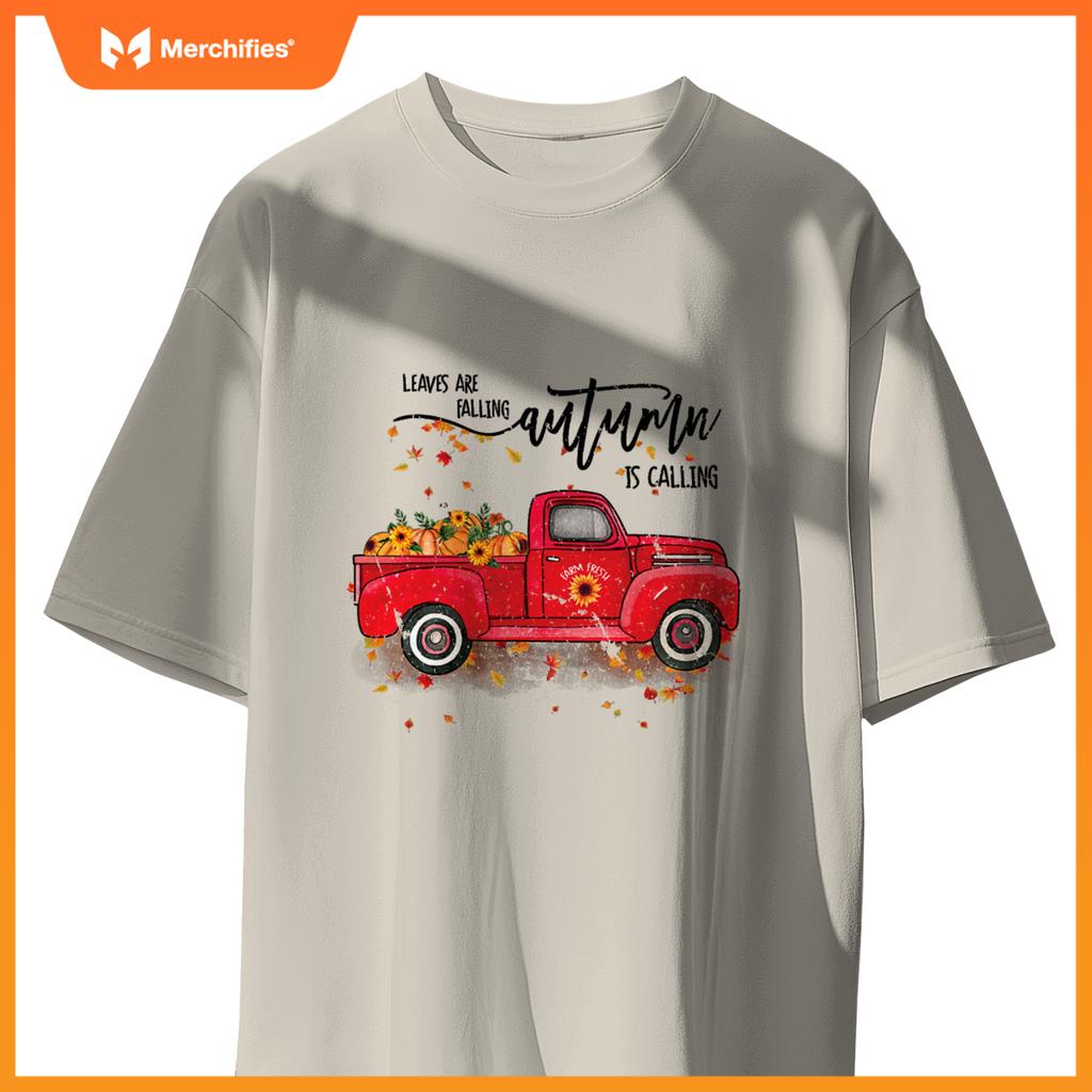 Leaves Are Falling Autumn Is Calling Red Truck Pumpkins T-Shirt