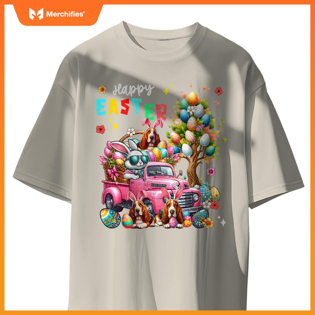 Happy Easter Three Cute Bunny Basset Hounds On Pickup Truck T-Shirt