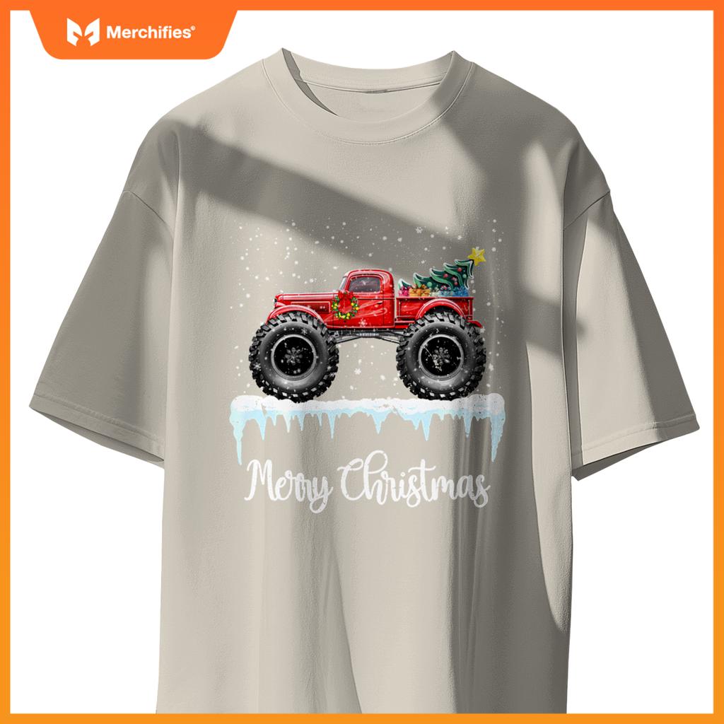 Merry Christmas Red Monster Truck Old Fashioned Xmas T-Shirt