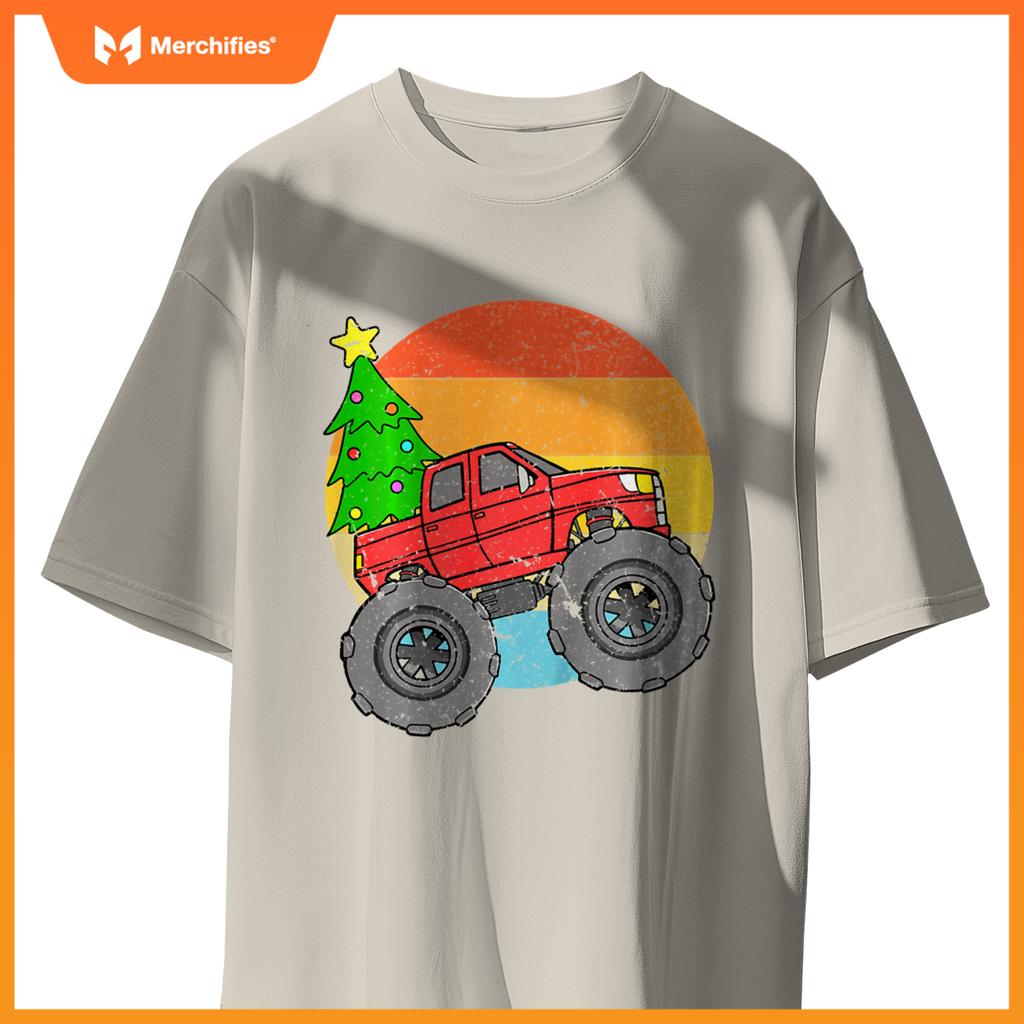 Kids Vintage Sunset Christmas Tree Monster Truck Retro Boys Girls T-Shirt