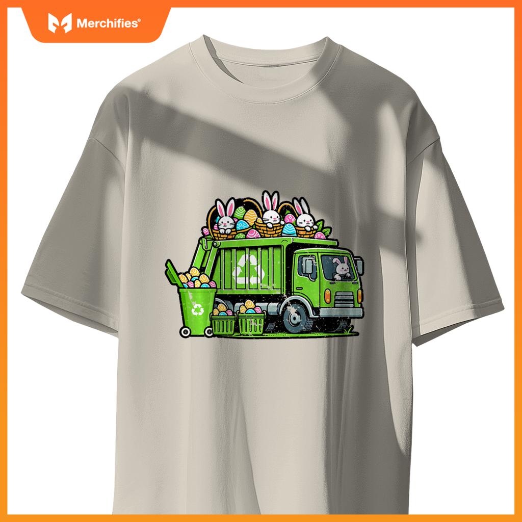 Kids Happy Easter Day Rabbit Lover Bunny Riding Garbage Truck T-Shirt