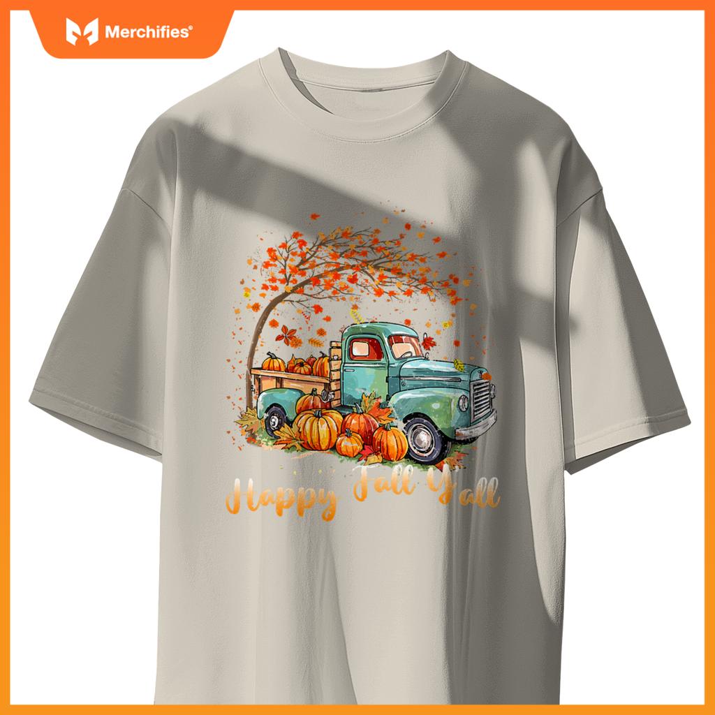 Happy Fall Y'all Pumpkin Truck Autumn Tree Fall Thanksgiving T-Shirt