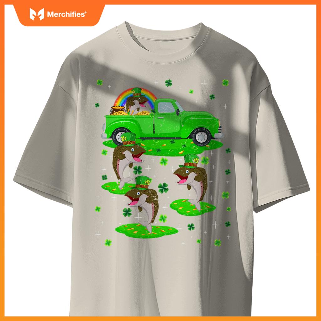 Irish Shamrock Green Truck On Salmon Fish St Patricks Day T-Shirt