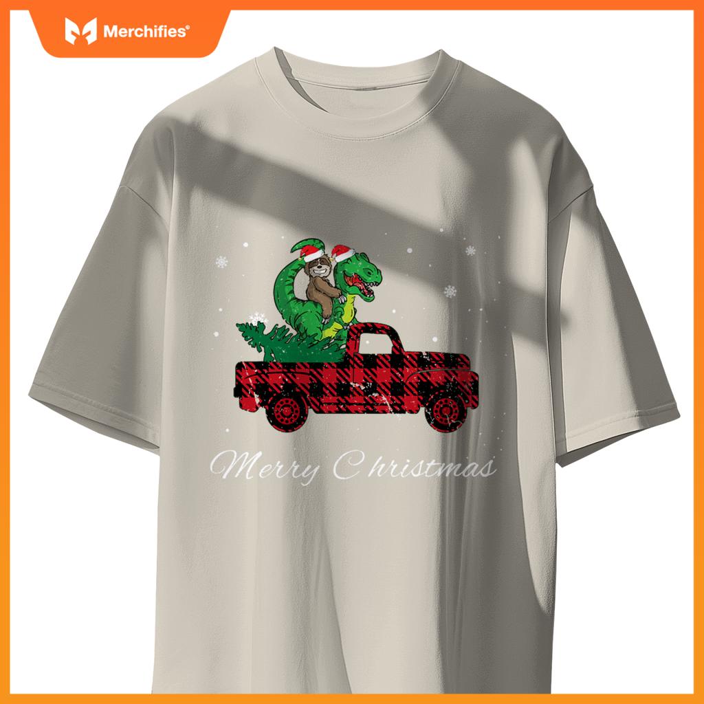 Merry Christmas Red Plaid Truck With Sloth Riding Dinosaur T-Shirt