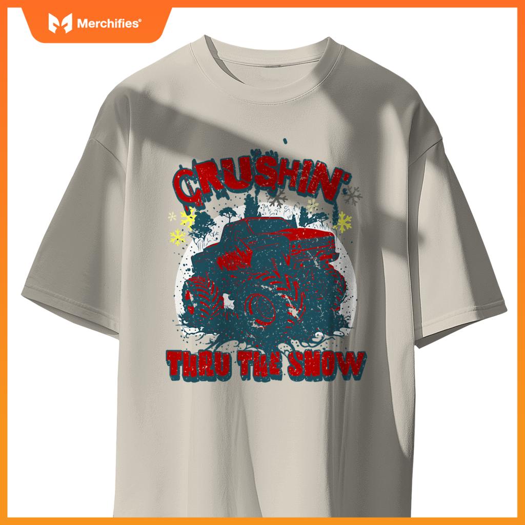 Monster Truck Crushin Thru Snow Winter Boys Man T-Shirt