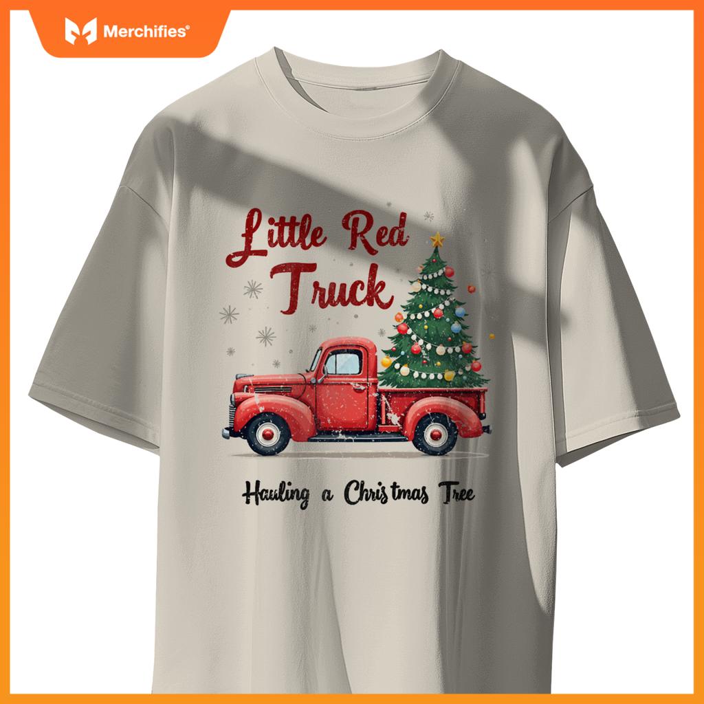 Little Red Truck Hauling A Christmas Tree Family Matching T-Shirt