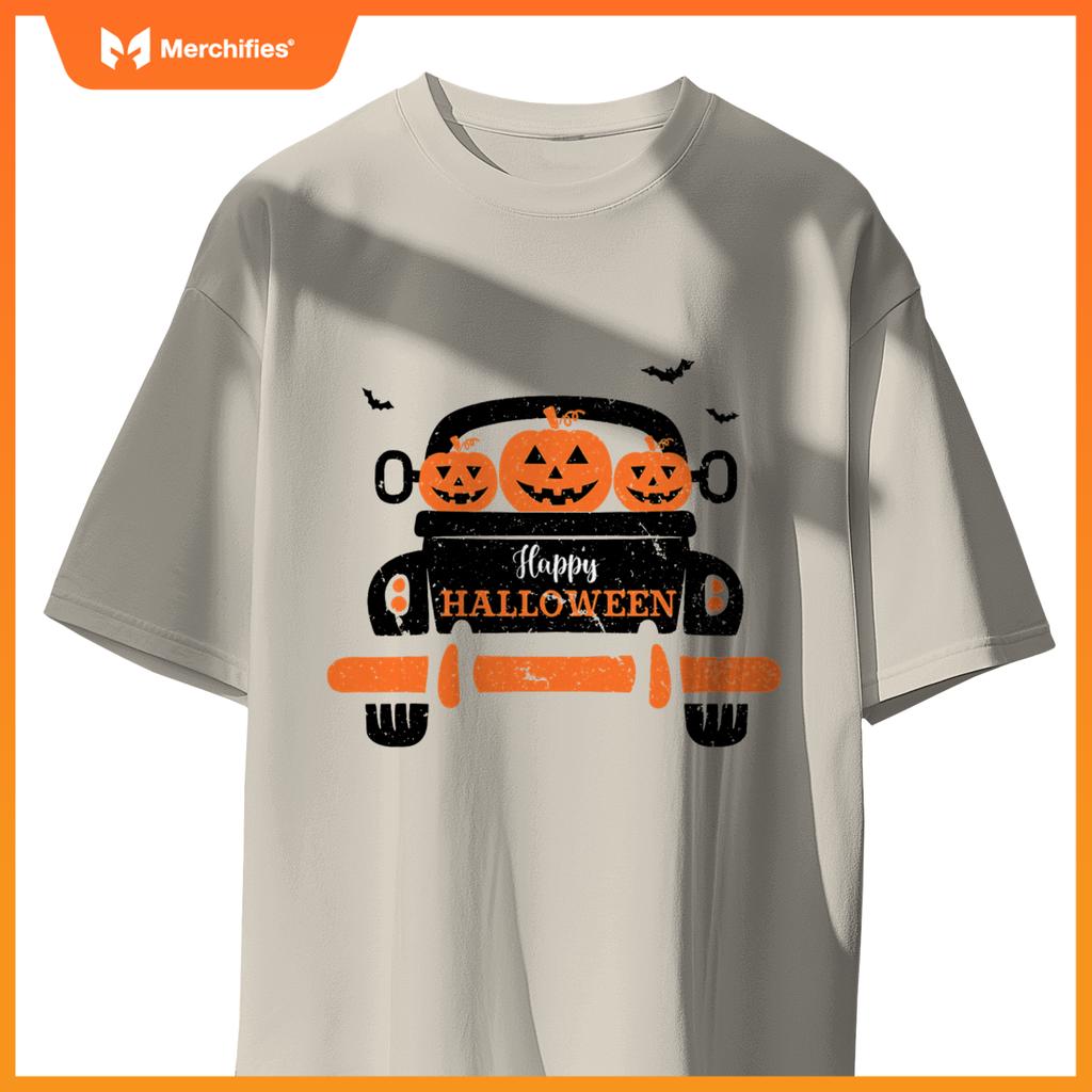 Happy Halloween Pickup Truck Spooky Jack O Lanterns And Bats T-Shirt
