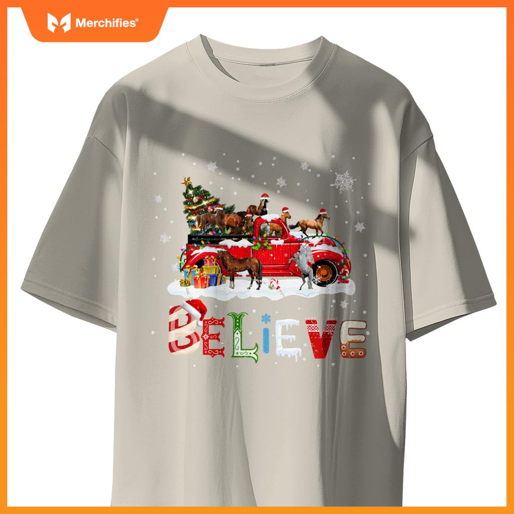 Horse Riding Red Truck Christmas Tree Believe Santa Pajama T-Shirt