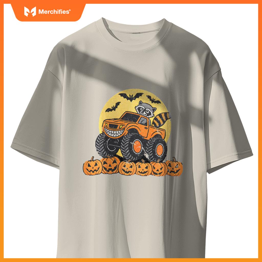 Kids Halloween Monster Truck Driven By A Raccoon School Kids T-Shirt