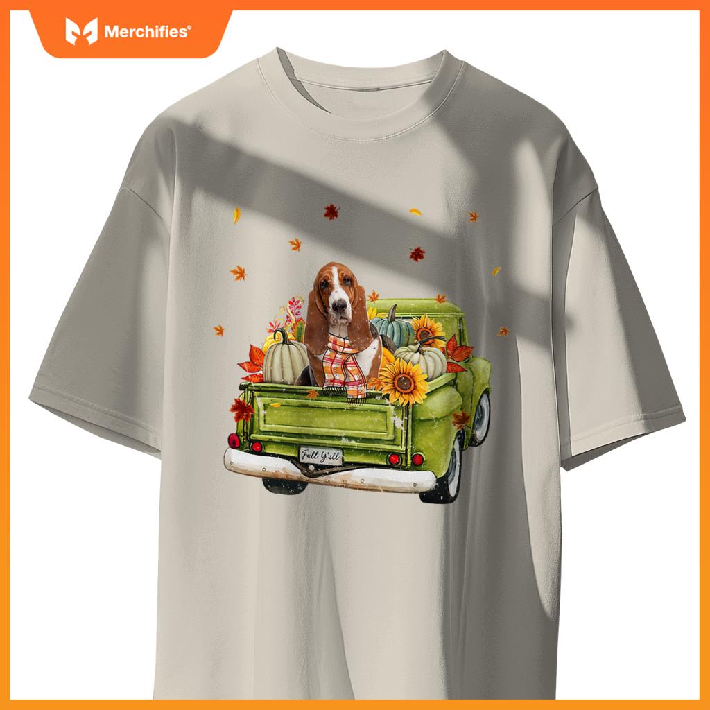 Happy Fall Yall Basset Hound Dog On Truck Pumpkin Fall T-Shirt