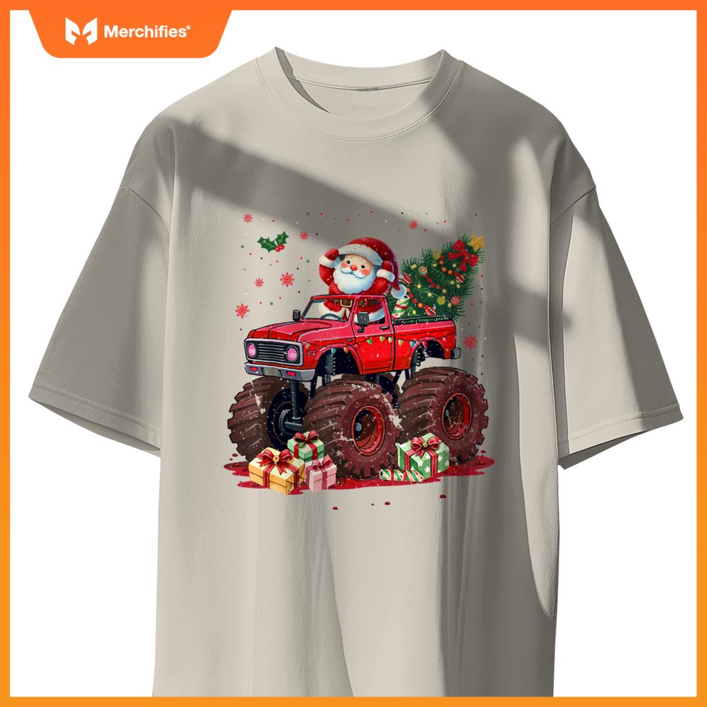 Kids Santa Monster Truck Christmas Tree Xmas Squad T-Shirt