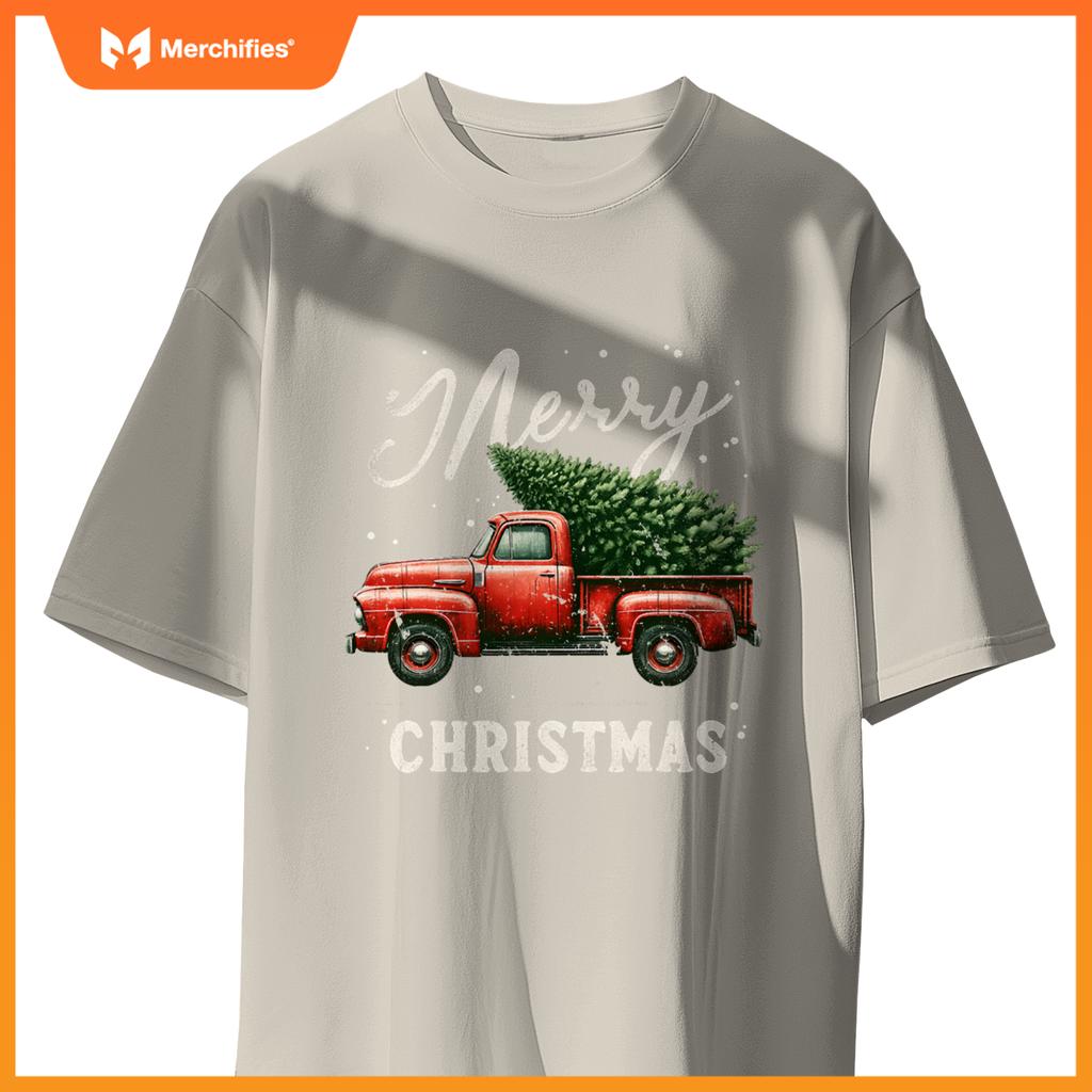 Merry Christmas Tree On Red Truck Wagon Xmas T-Shirt