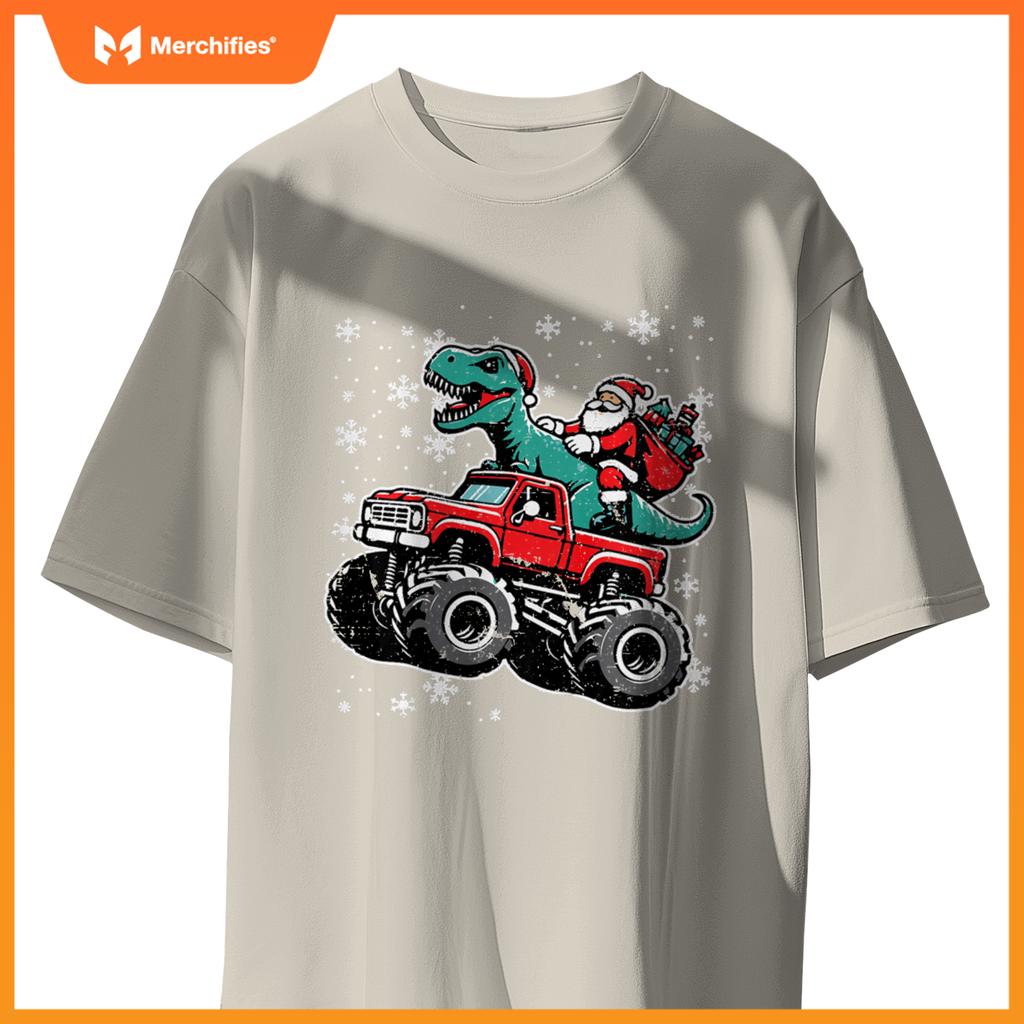 Kids Christmas Monster Truck Dino Santa Xmas Toddler Boys Kids T-Shirt