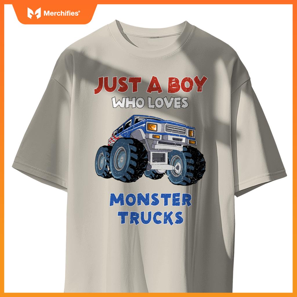 Just A Boy Who Loves Monster Trucks  Monster Truck Kids T-Shirt
