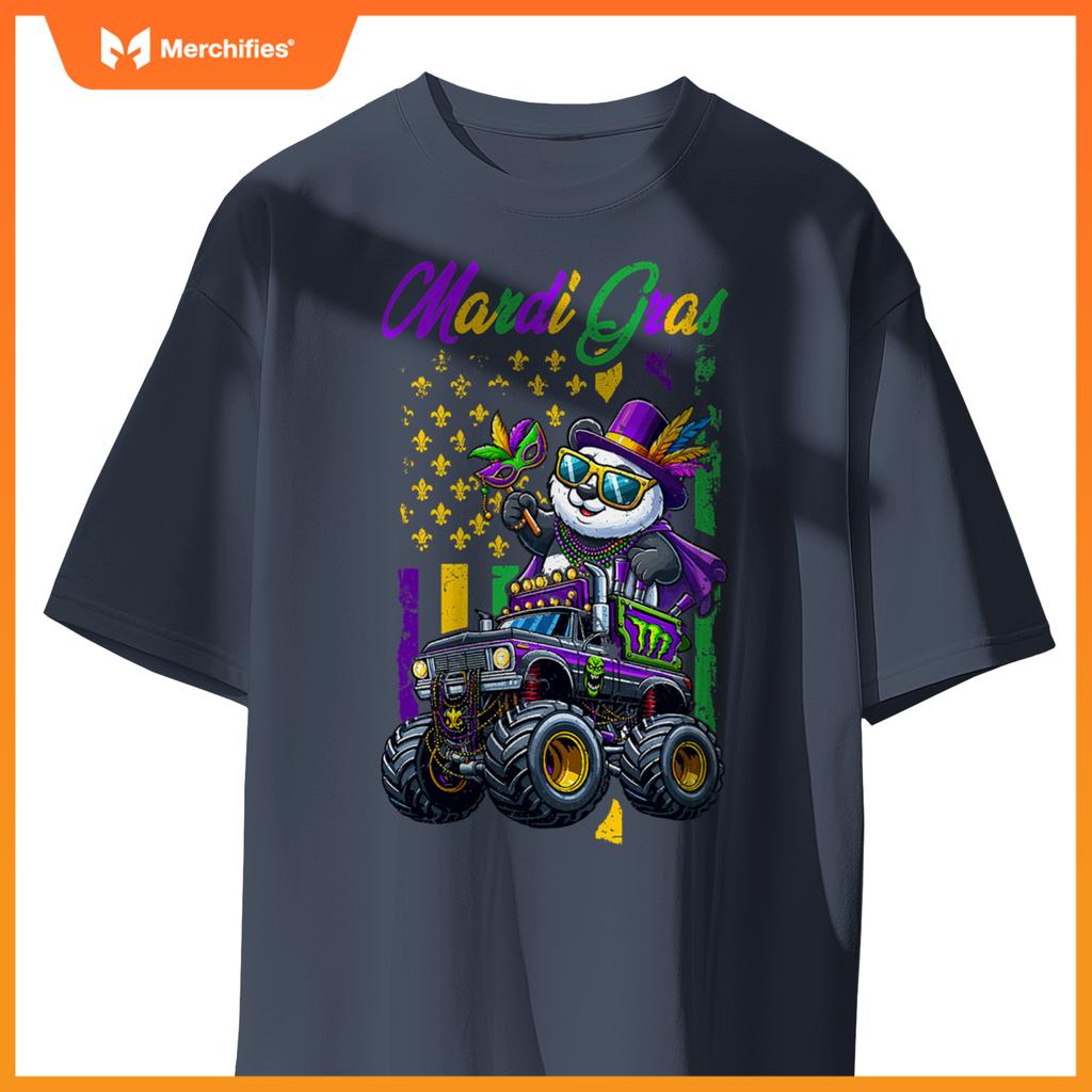 Mardi Gras Panda Sunglasses On Monster Truck Beads Masked T-Shirt