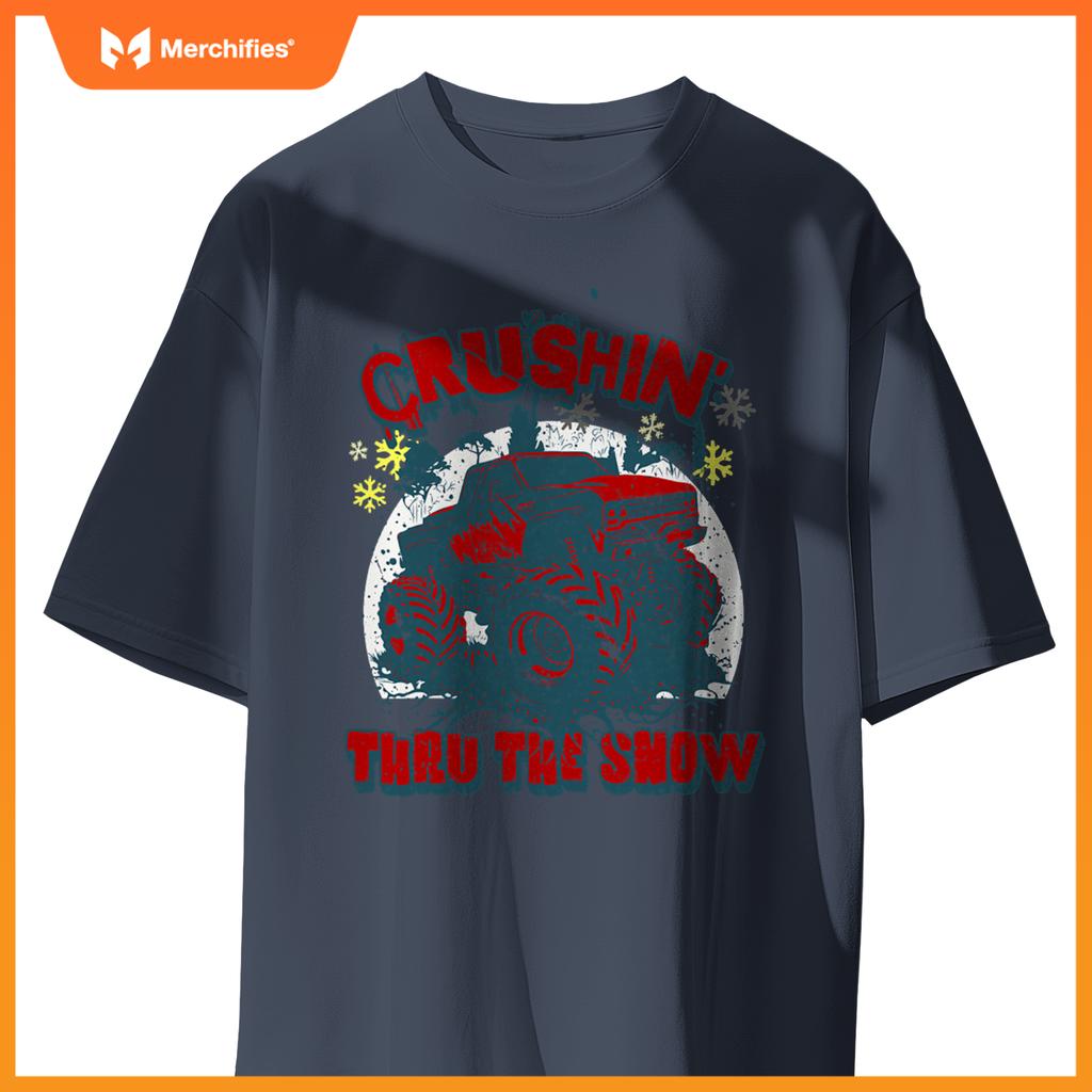 Monster Truck Crushin Thru Snow Winter Boys Man T-Shirt