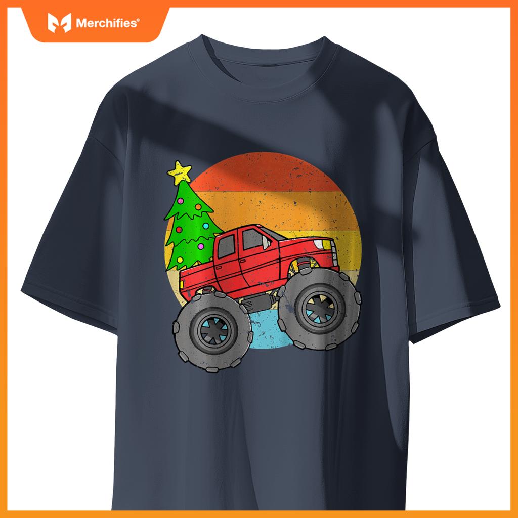 Kids Vintage Sunset Christmas Tree Monster Truck Retro Boys Girls T-Shirt
