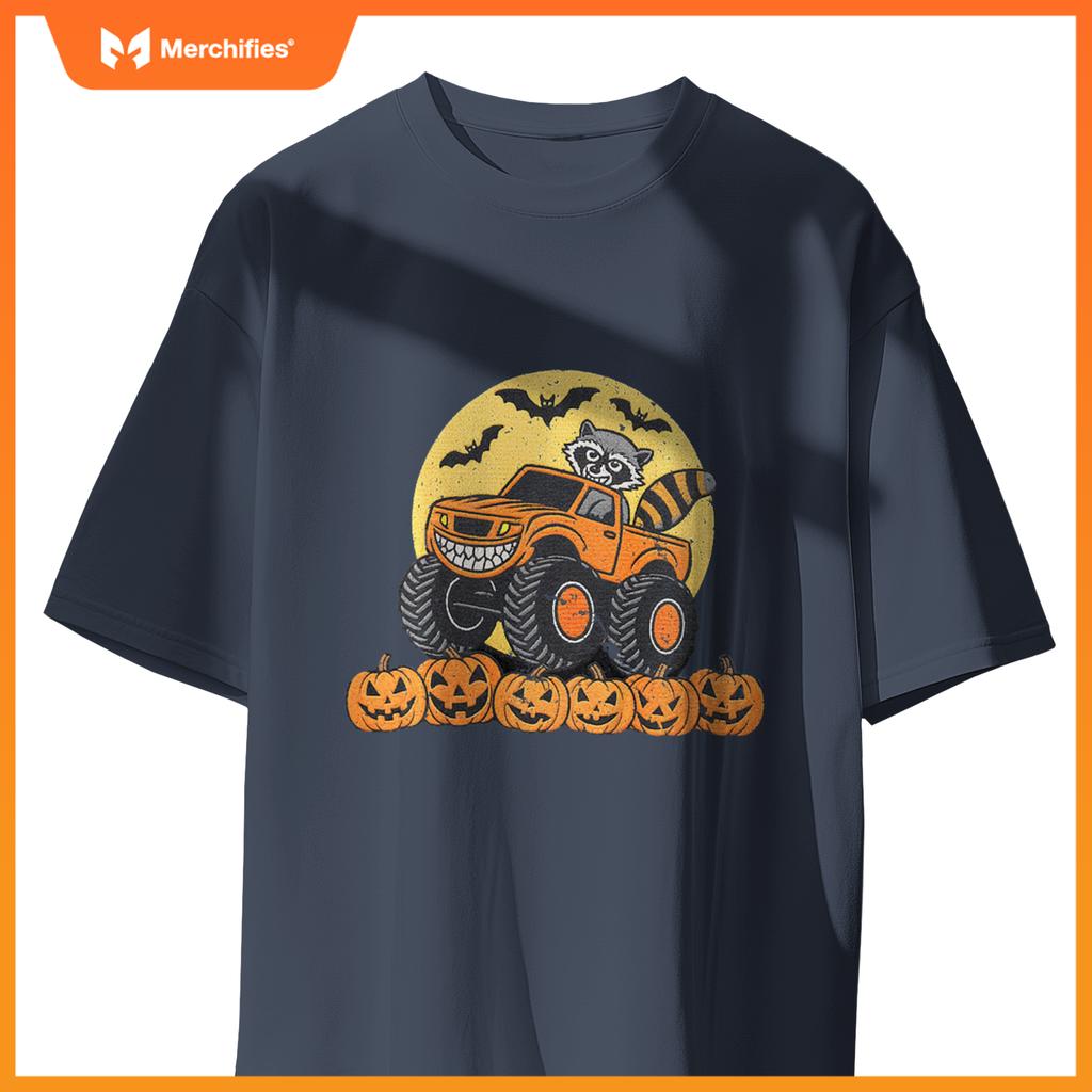 Kids Halloween Monster Truck Driven By A Raccoon School Kids T-Shirt