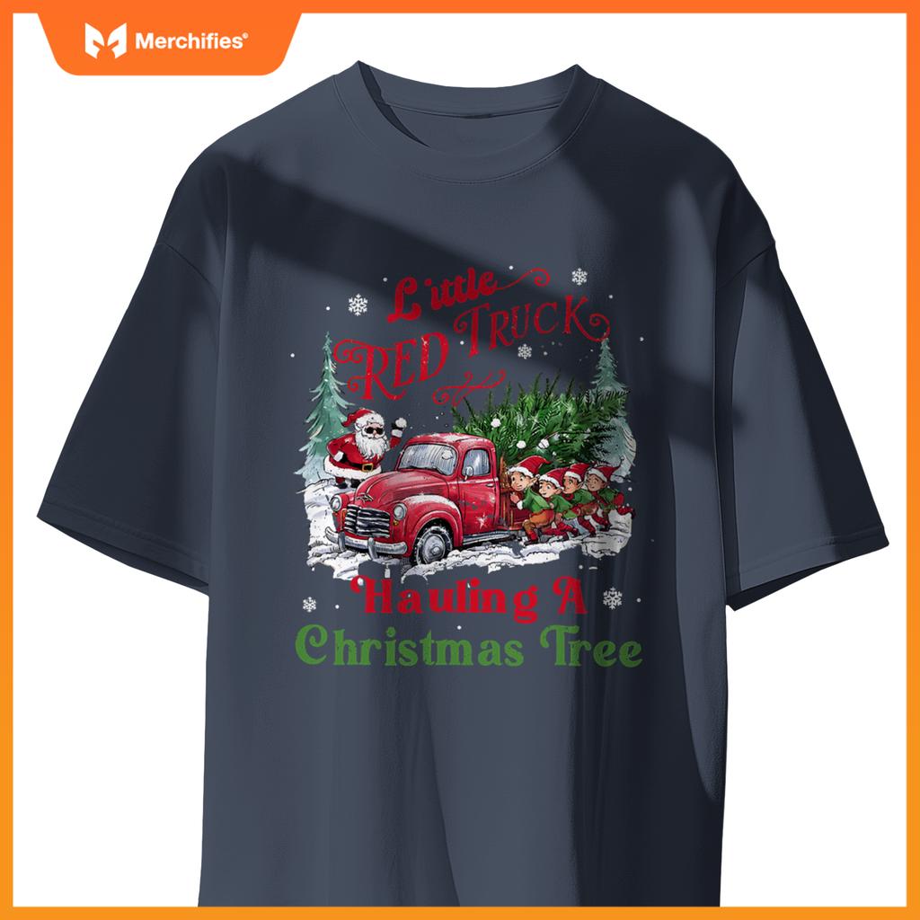 Little Red Truck Hauling A Christmas Tree Xmas Trendy T-Shirt